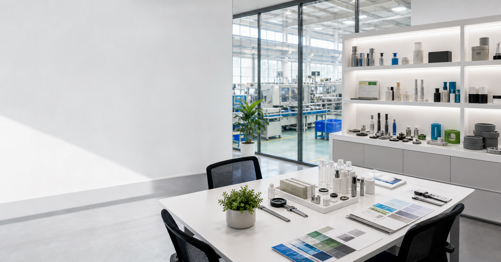 Product development workspace beside a modern manufacturing facility