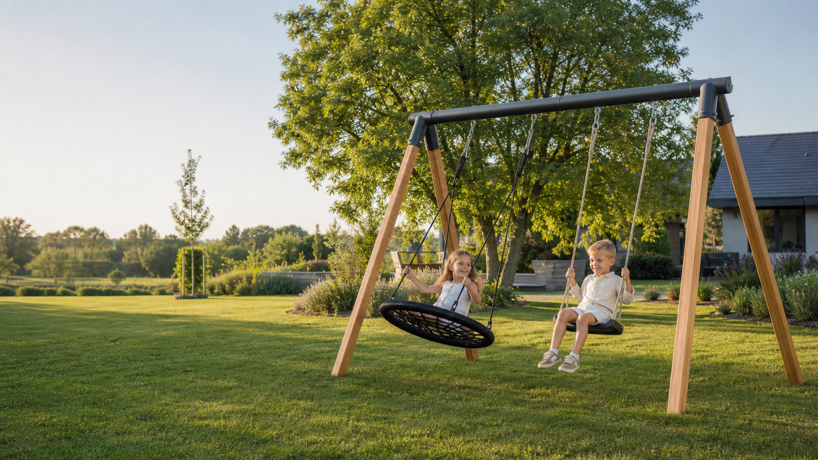 Modern garden swing set with two children playing outdoors
